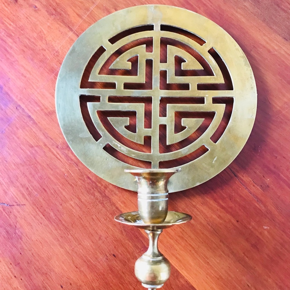 Vintage brass Chinese medallion candle sconce
